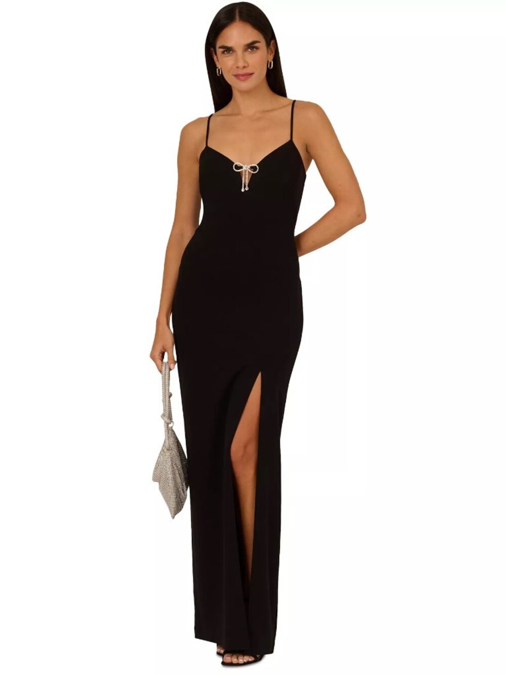 Adrianna Women's High-Slit Rhinestone-Bow Evening Gown Black Size 12